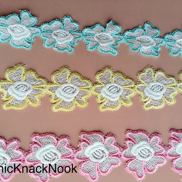Yellow / Pink / Blue And White Floral Embroidery Lace Trim. Approx. 55mm Wide - 200317L142/43/44